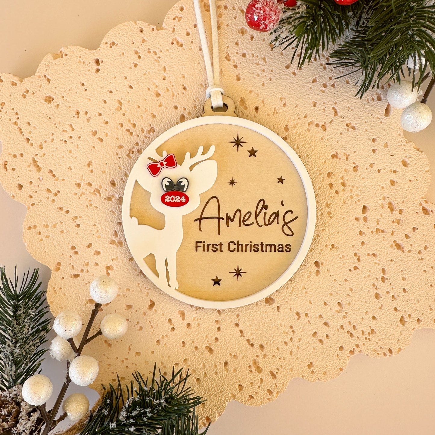 Personalised Baby’s First Christmas Ornament | Reindeer Acrylic