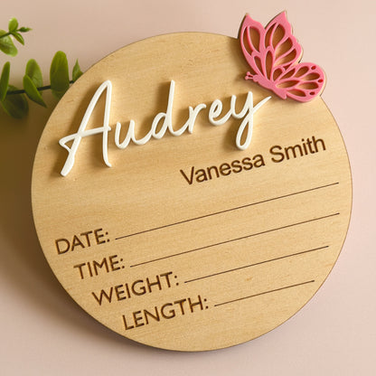 Personalised Baby Birth Announcement Plaque - Butterfly